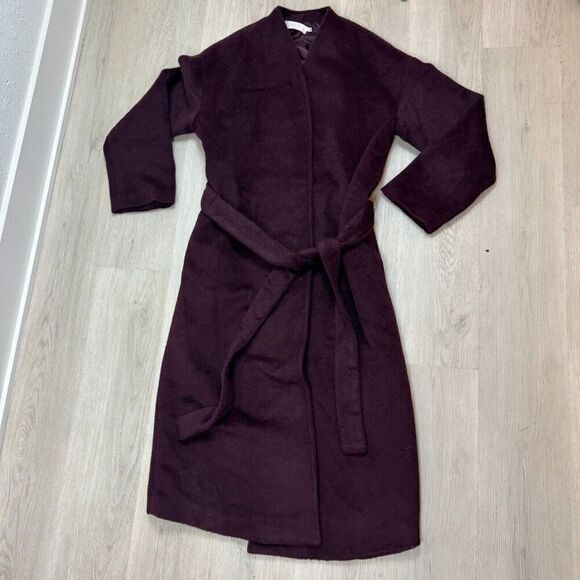 ASTR The Label Wool Blend Coat Size Large Purple Collarless Pockets Tie Waist - Picture 3 of 5